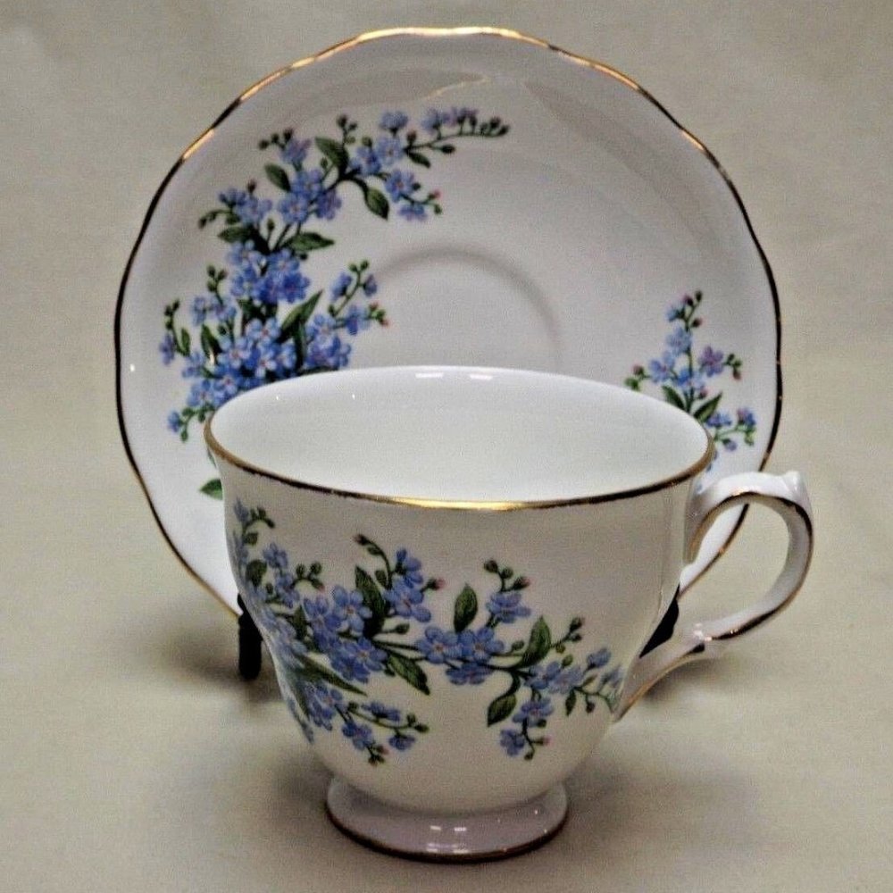 Queen Anne Bone China Forget-Me-Not Footed Tea Cup and Saucer Pattern no. 7527